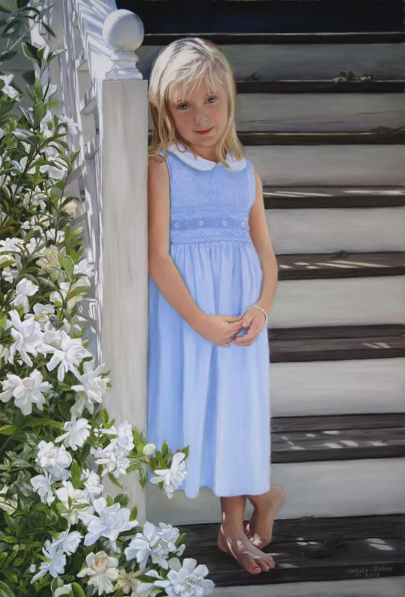 Pastel portrait of girl in a blue dress, by a post and gardenias
