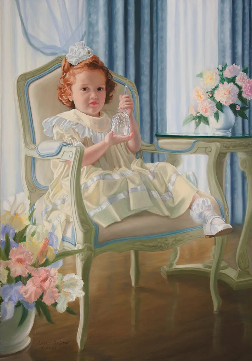 Pastel portrait of little girl holding crystal bell