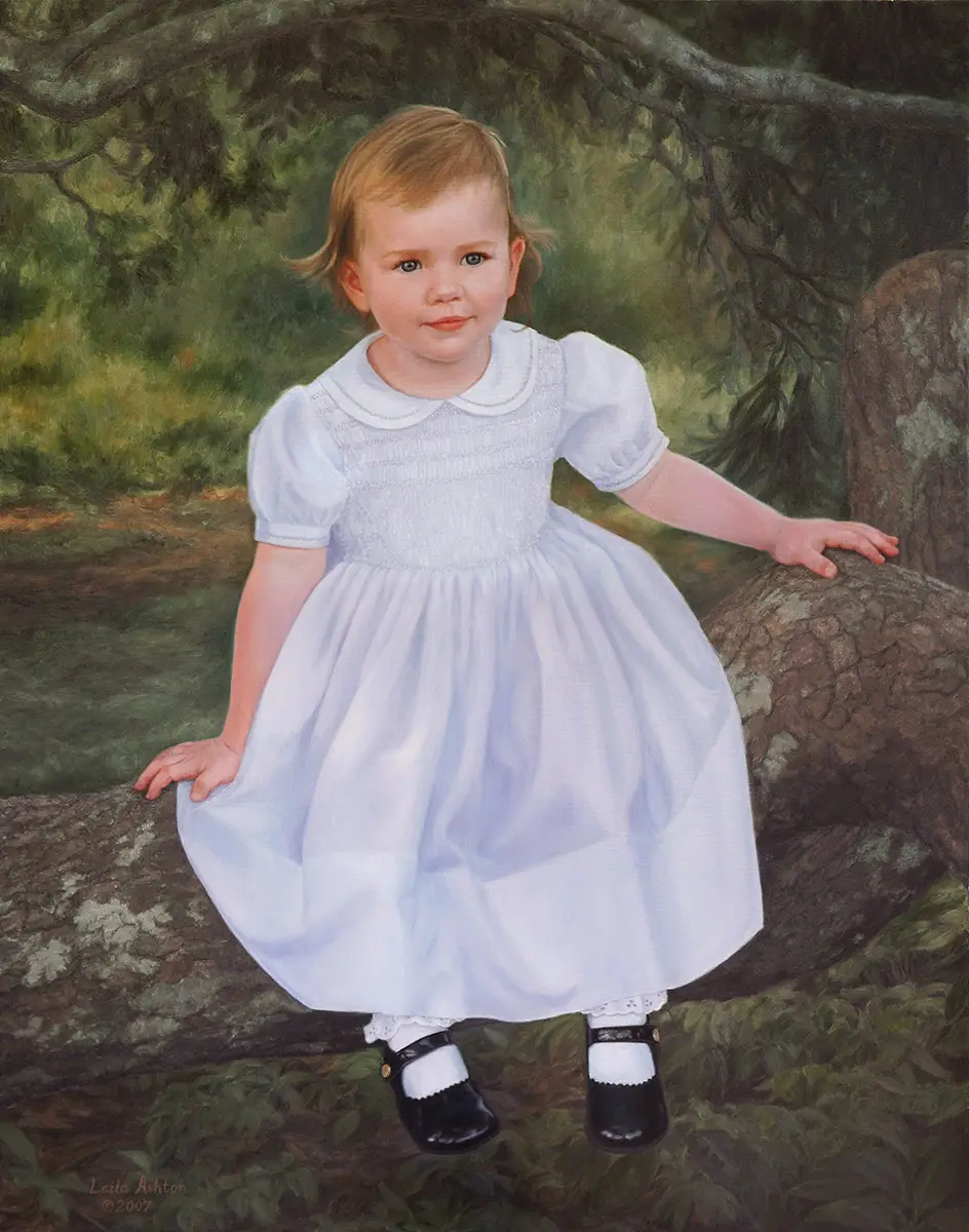 Portrait in oil of small child seated on tree limb