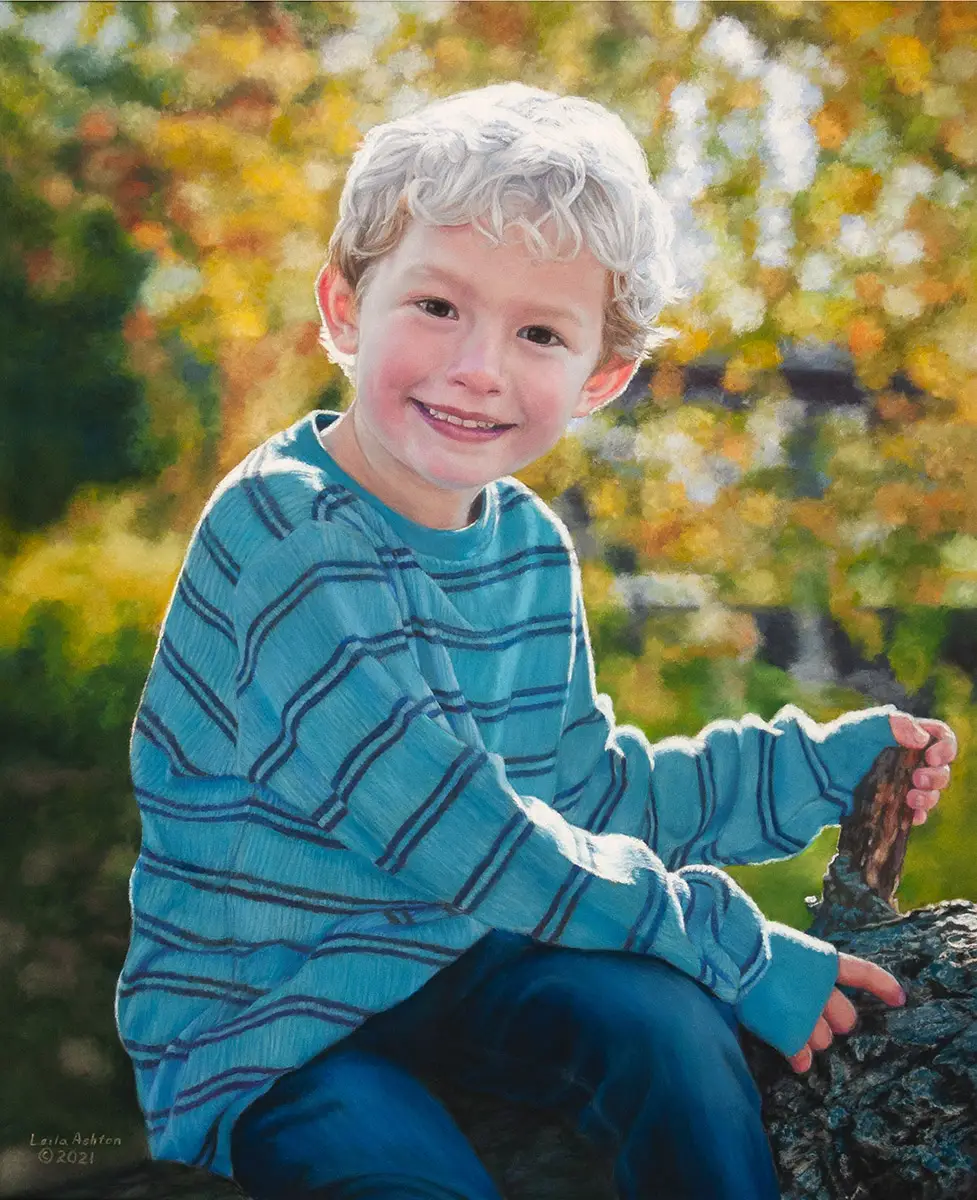 Pastel portrait of boy in blue sweater, fall leaves