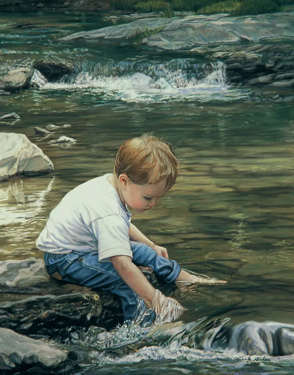 Pastel portrait of child playing in stream