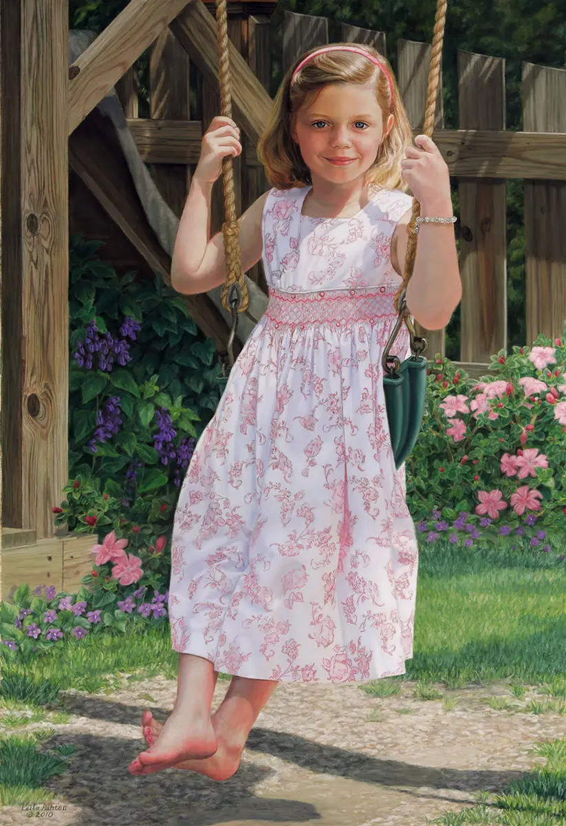Portrait in pastel of girl in white dress on a swing